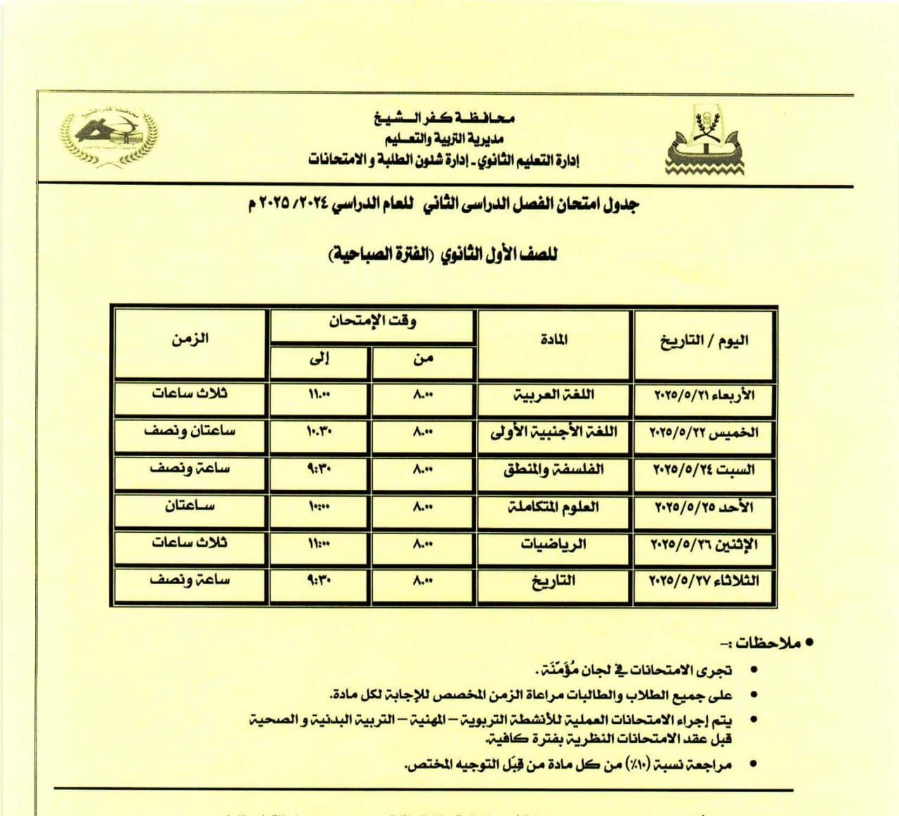 جدول امتحان مواد الصف الأول الثانوي جدول امتحان مواد الصف الأول الثانوي