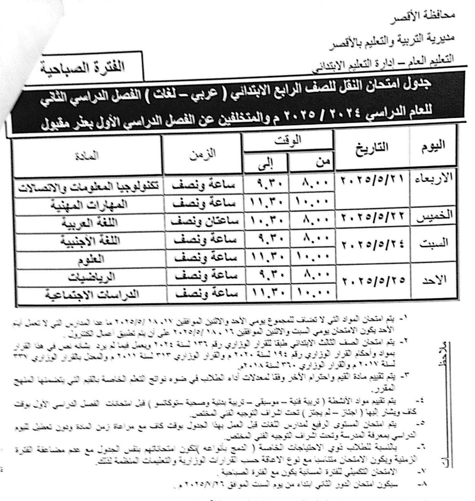 جداول امتحانات نهاية العام لطلبة الصف الرابع جداول امتحانات نهاية العام لطلبة الصف الرابع