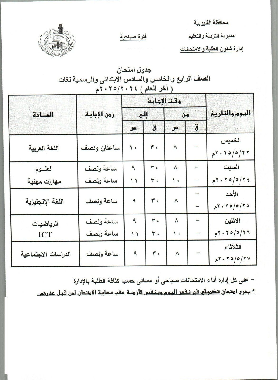 جدول امتحانات صفوف الرابع والخامس والسادس الابتدائي صباحي جدول امتحانات صفوف الرابع والخامس والسادس الابتدائي صباحي