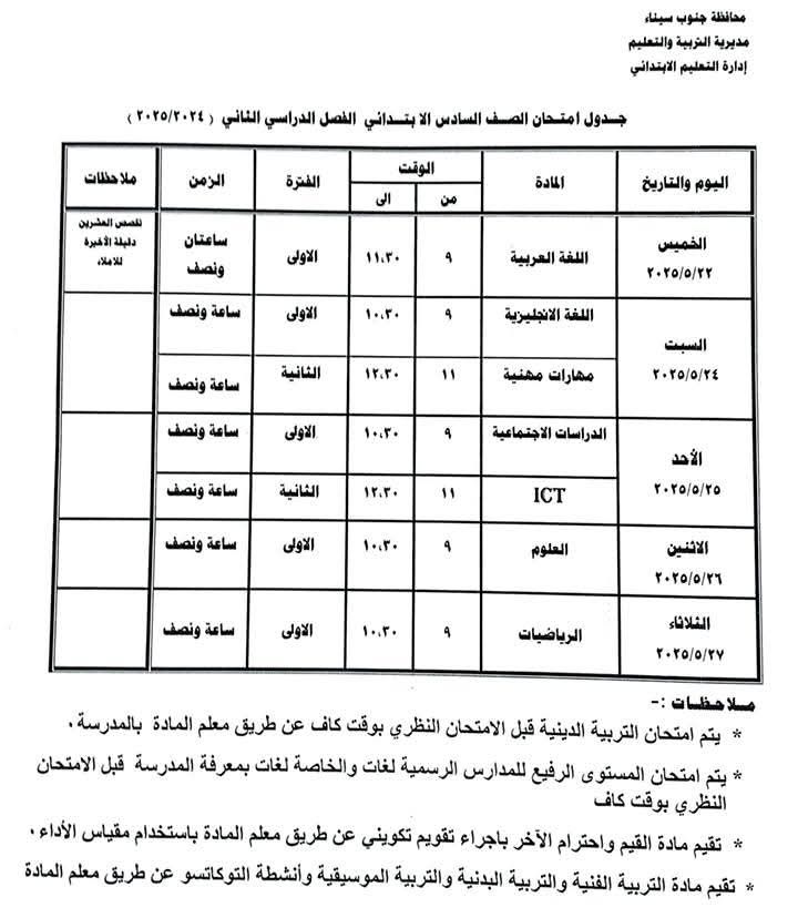 جدول امتحان الصف السادس الابتدائي جدول امتحان الصف السادس الابتدائي