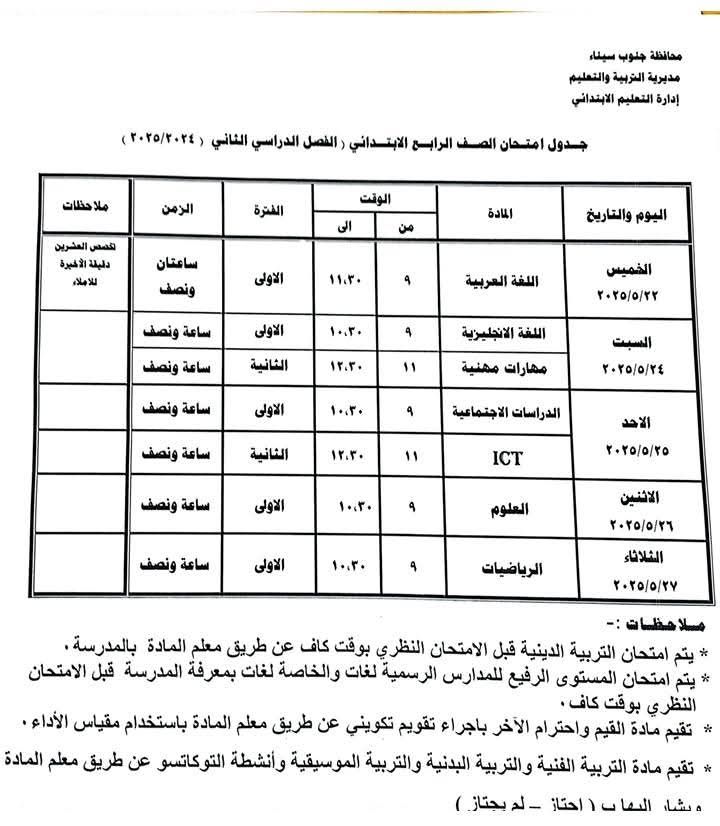 جدول امتحان الصف الرابع الابتدائي جدول امتحان الصف الرابع الابتدائي