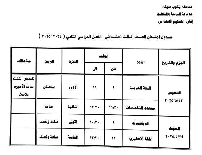 جدول امتحان الصف الثالث الابتدائي جدول امتحان الصف الثالث الابتدائي