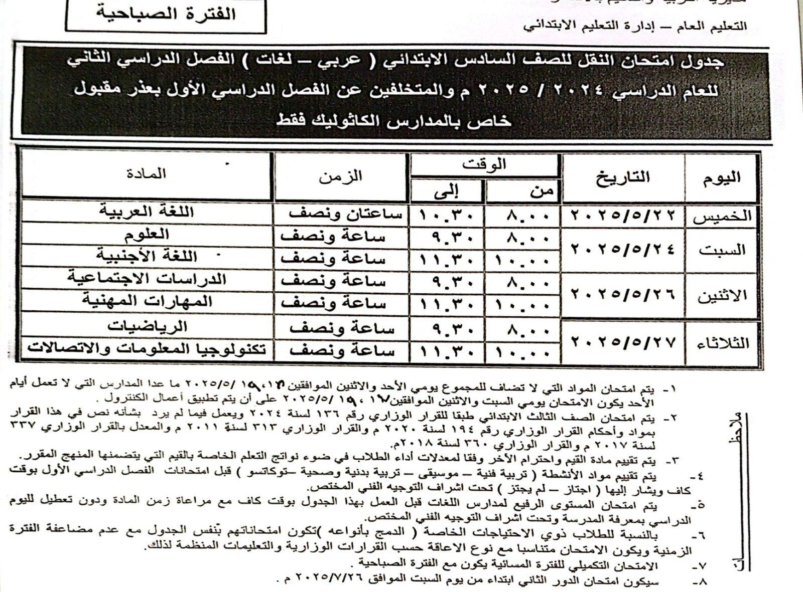 جدول امتحان الصف السادس الإبتدائي للمدارس الكاثوليك_3 جدول امتحان الصف السادس الإبتدائي للمدارس الكاثوليك_3