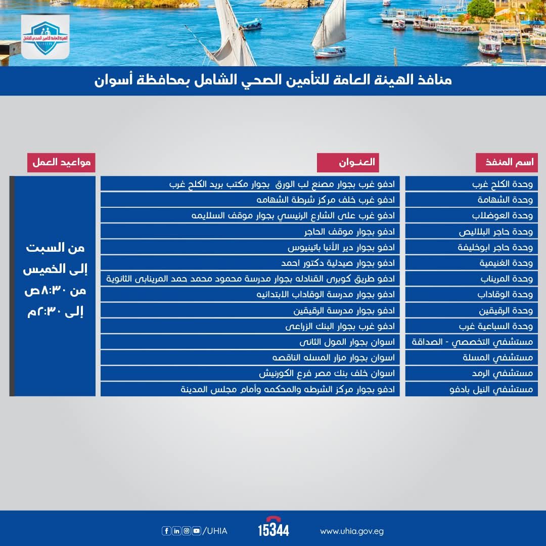 منافذ هيئة التأمين الصحى الشامل بأسوان منافذ هيئة التأمين الصحى الشامل بأسوان