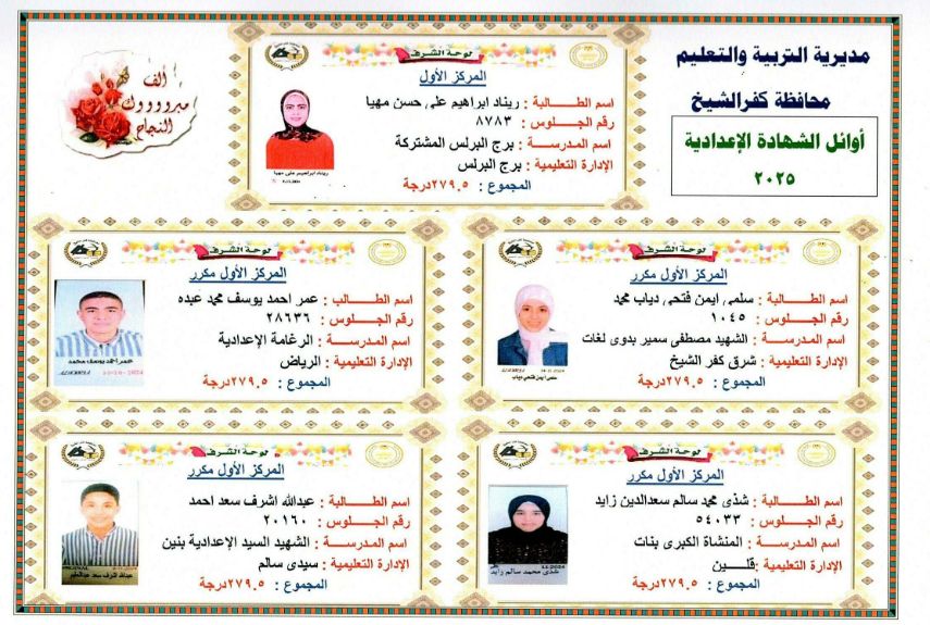 أوائل الشهادة الإعدادية بكفر الشيخ أوائل الشهادة الإعدادية بكفر الشيخ
