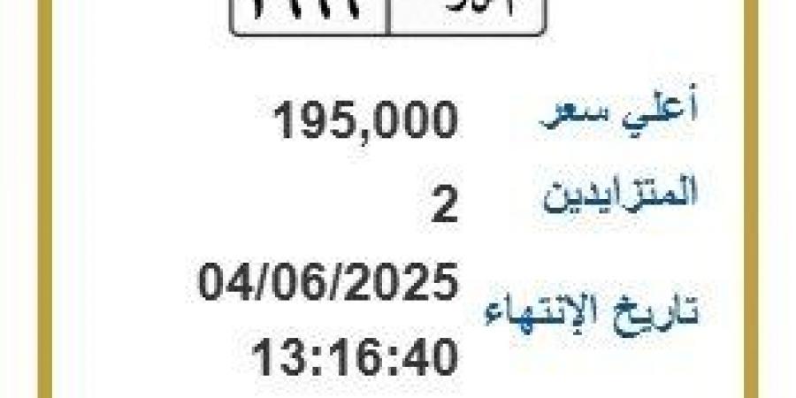 بسعر
      195
      ألف
      جنيه..
      المرور
      تطرح
      التزايد
      على
      لوحة
      سيارة
      مميزة - تكنو بلس